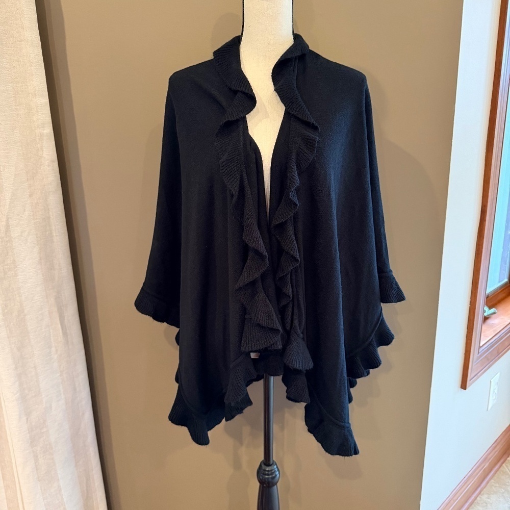 Women's Black Cape Poncho Ruffled Sweater, Size One Size
